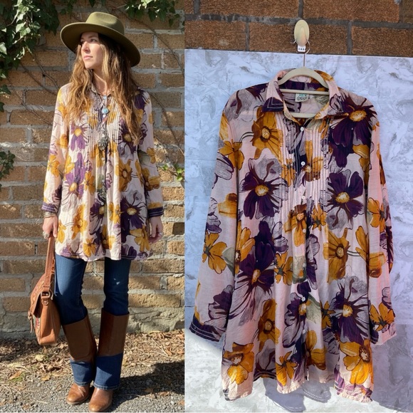Jaded Gypsy Whimsy Winds Floral Tunic Shirt L/XLBoho Whimsigoth Artsy Cotton